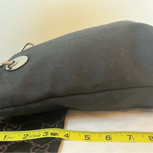 💯 authentic GUCCI TOTE HANDBAG LEATHER BLACK CANVAS IN SILVER METALLIC HARDWARE - Picture 7 of 8